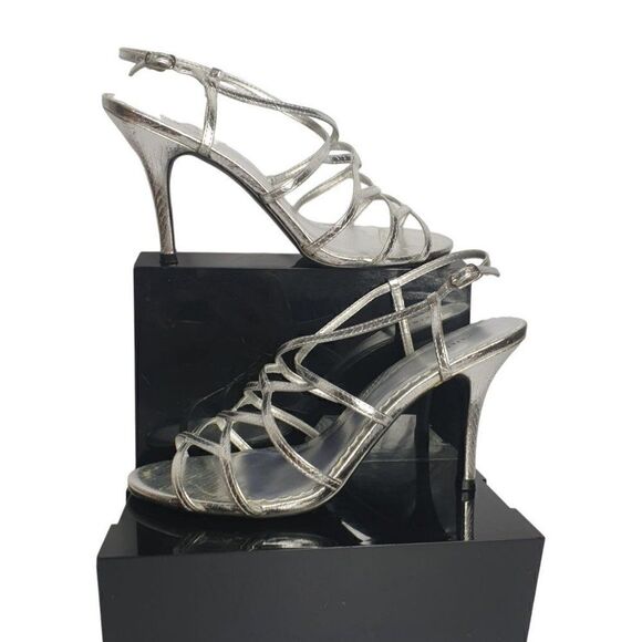 Women's Pumps 10 Silver Strappy High Heel Stiletto Open Toe Sandals Sz 10 Box - Picture 1 of 9
